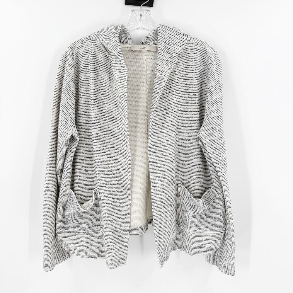 LOFT Open Front Hooded Cardigan in Light Gray and Cream